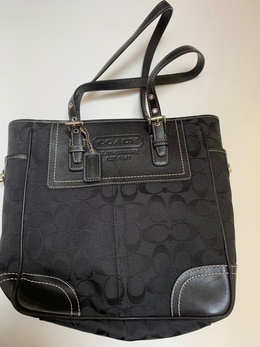 Vintage Coach Black Leather Trim Logo Fabric Small Tote